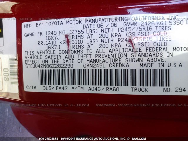 5TEUU42N86Z282290 - 2006 TOYOTA TACOMA ACCESS CAB წითელი ფოტო 9