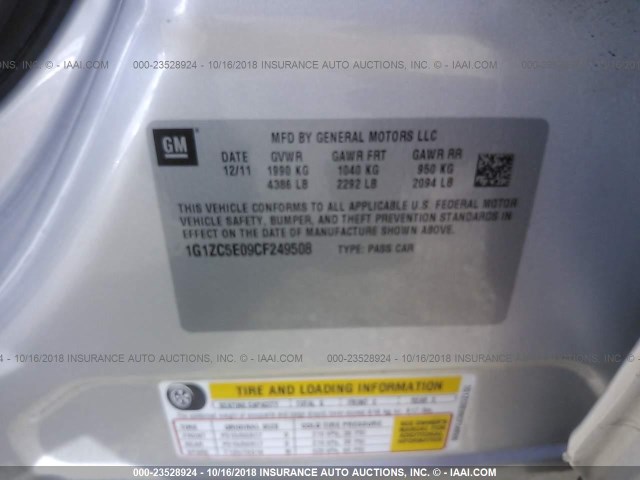 1G1ZC5E09CF249508 - 2012 CHEVROLET MALIBU 1LT SILVER photo 9