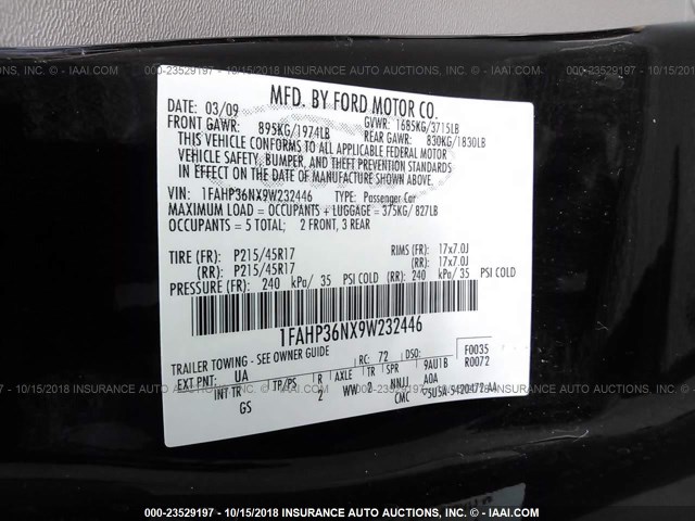 1FAHP36NX9W232446 - 2009 FORD FOCUS SES BLACK photo 9