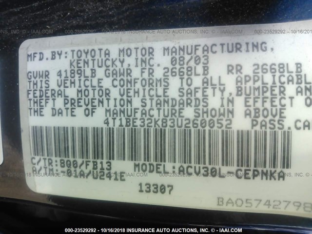 4T1BE32K83U260052 - 2003 TOYOTA CAMRY LE/XLE/SE BLUE photo 9