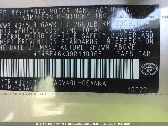 4T4BE46K39R110865 - 2009 TOYOTA CAMRY SE/LE/XLE GOLD photo 9