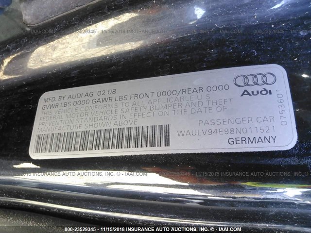 WAULV94E98N011521 - 2008 AUDI A8 4.2 QUATTRO BLACK photo 9