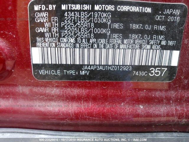 JA4AP3AU1HZ012923 - 2017 MITSUBISHI OUTLANDER SPORT ES/SE RED photo 9