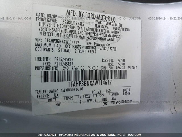 1FAHP3GNXAW114612 - 2010 FORD FOCUS SES SILVER photo 9