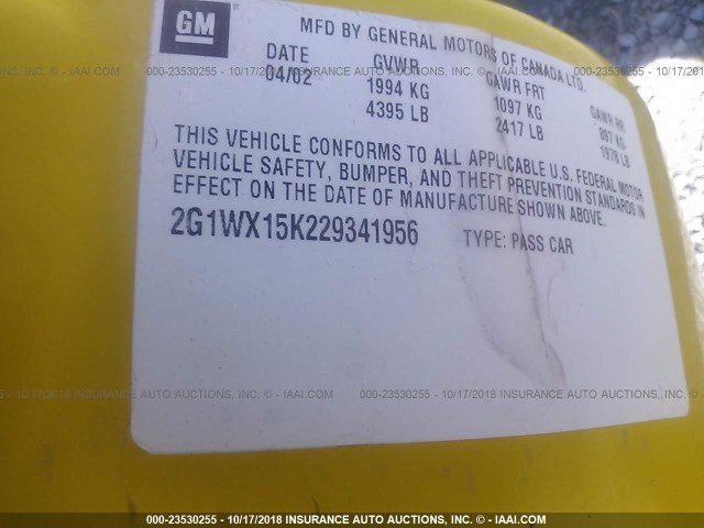 2G1WX15K229341956 - 2002 CHEVROLET MONTE CARLO SS ყვითელი ფოტო 9