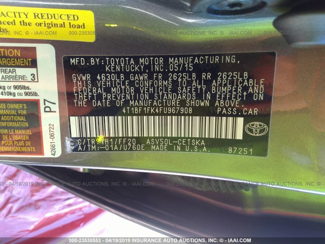 4T1BF1FK4FU967908 - 2015 TOYOTA CAMRY LE/XLE/SE/XSE GRAY photo 9