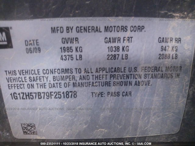 1G1ZH57B79F251878 - 2009 CHEVROLET MALIBU 1LT GRAY photo 9