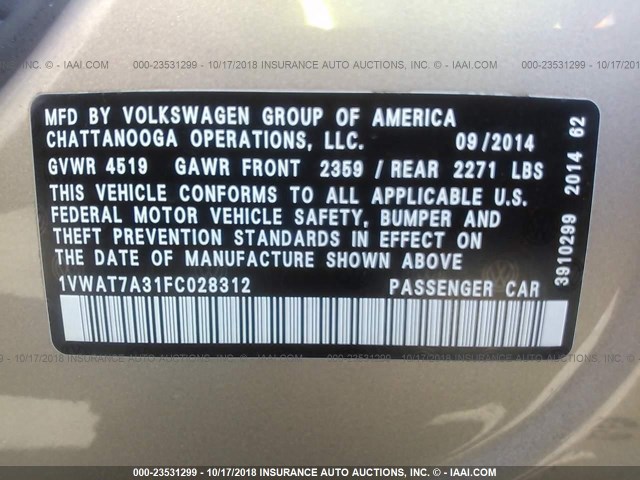 1VWAT7A31FC028312 - 2015 VOLKSWAGEN PASSAT S GOLD photo 9