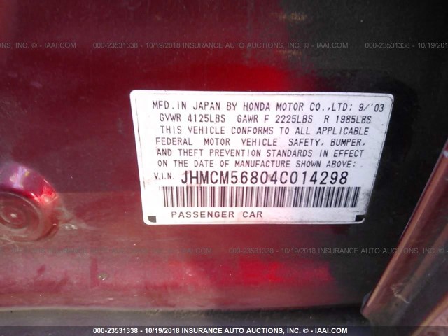 JHMCM56804C014298 - 2004 HONDA ACCORD EX RED photo 9