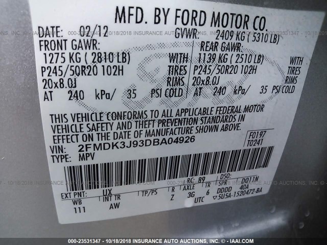 2FMDK3J93DBA04926 - 2013 FORD EDGE SEL SILVER photo 9