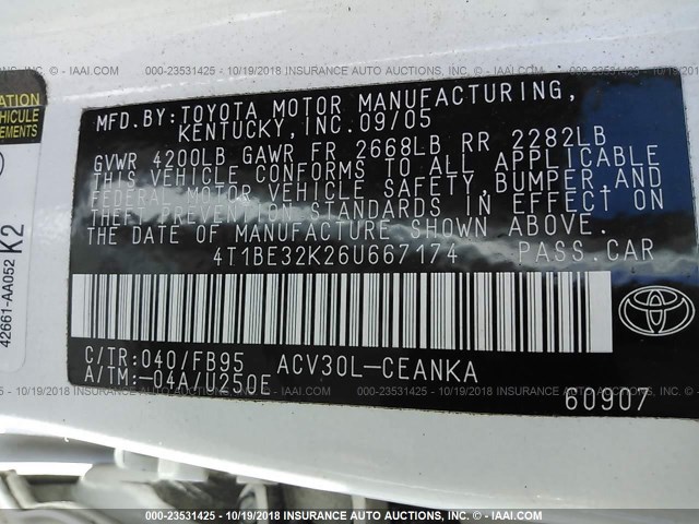 4T1BE32K26U667174 - 2006 TOYOTA CAMRY LE/XLE/SE WHITE photo 9