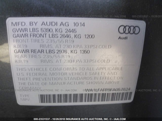 WA1LFAFP9FA057624 - 2015 AUDI Q5 PREMIUM PLUS GRAY photo 9