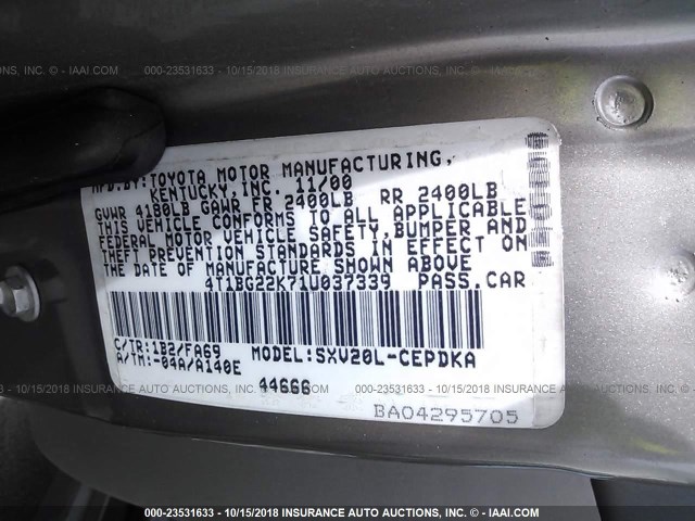 4T1BG22K71U037339 - 2001 TOYOTA CAMRY CE/LE/XLE GRAY photo 9