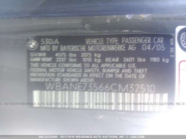 WBANE73566CM32510 - 2006 BMW 530 I GRAY photo 9