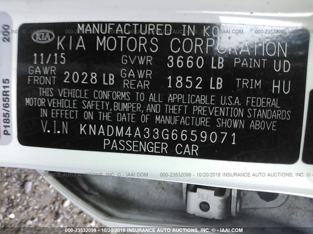 KNADM4A33G6659071 - 2016 KIA RIO LX WHITE photo 9