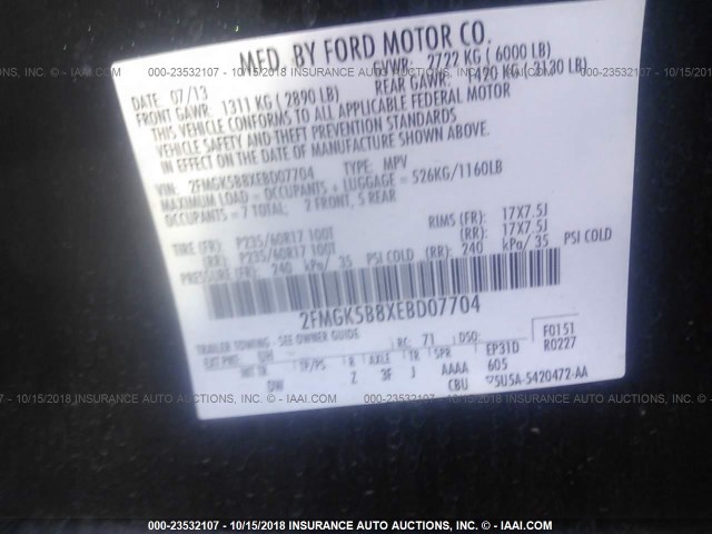 2FMGK5B8XEBD07704 - 2014 FORD FLEX SE BLACK photo 9