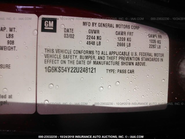 1G6KS54Y22U248121 - 2002 CADILLAC SEVILLE SLS MAROON photo 9