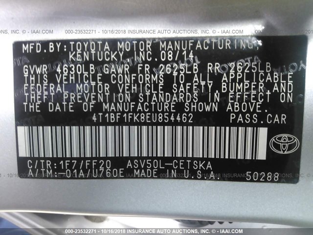 4T1BF1FK8EU854462 - 2014 TOYOTA CAMRY L/SE/LE/XLE Gümüş foto 9