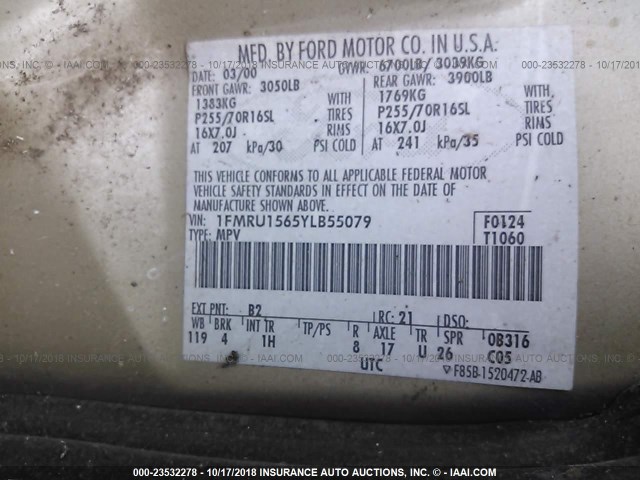 1FMRU1565YLB55079 - 2000 FORD EXPEDITION XLT GOLD photo 9