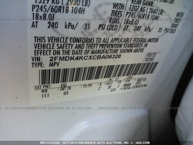 2FMDK4KCXCBA09328 - 2012 FORD EDGE WHITE photo 9