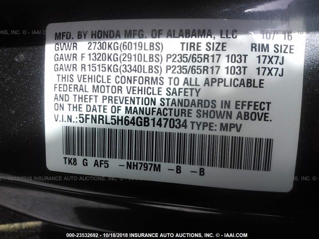 5FNRL5H64GB147034 - 2016 HONDA ODYSSEY EXL GRAY photo 9