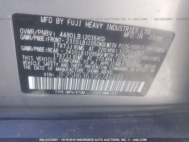 JF2SH63639G746131 - 2009 SUBARU FORESTER 2.5X PREMIUM GRAY photo 9