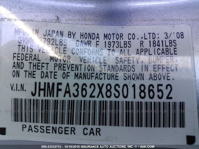 JHMFA362X8S018652 - 2008 HONDA CIVIC HYBRID SILVER photo 9