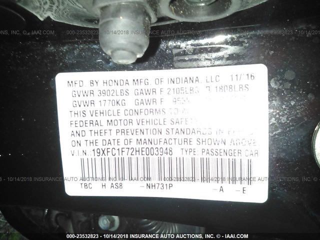 19XFC1F72HE003948 - 2017 HONDA CIVIC EXL BLACK photo 9