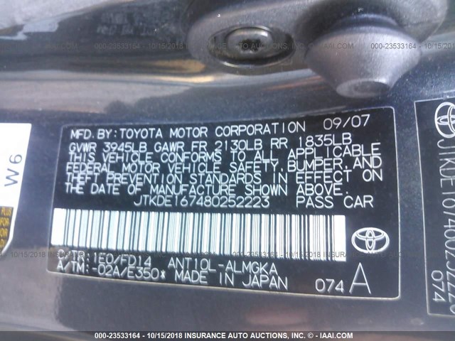 JTKDE167480252223 - 2008 TOYOTA SCION TC 灰色 照片 9