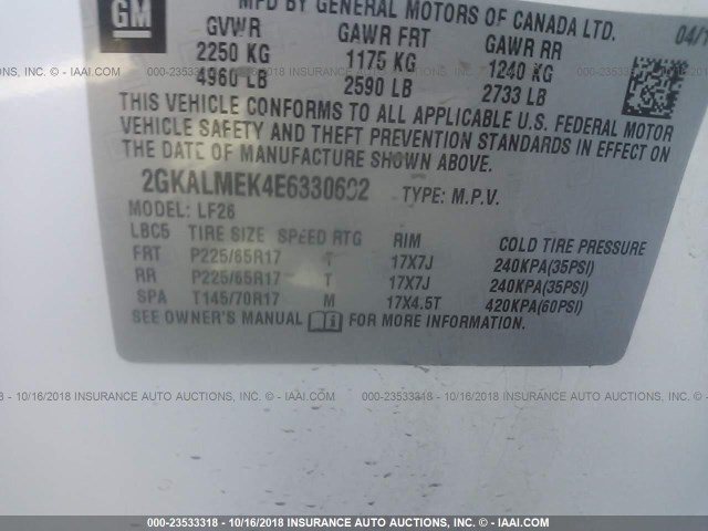 2GKALMEK4E6330692 - 2014 GMC TERRAIN SLE WHITE photo 9