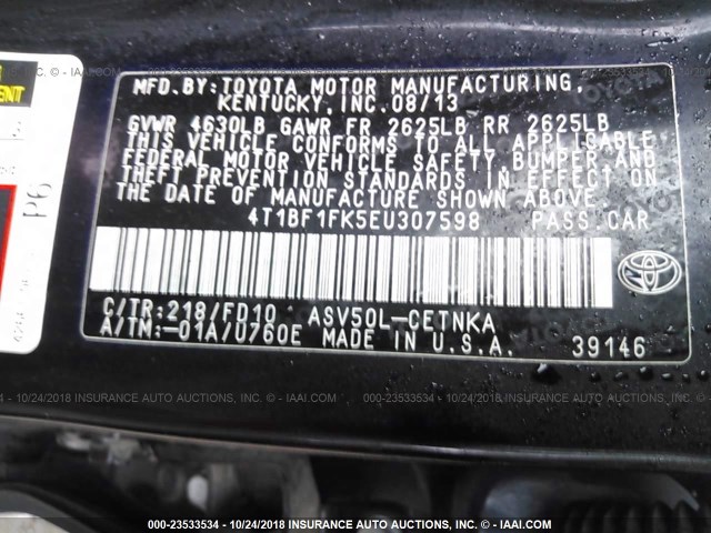 4T1BF1FK5EU307598 - 2014 TOYOTA CAMRY L/SE/LE/XLE 黑色 照片 9