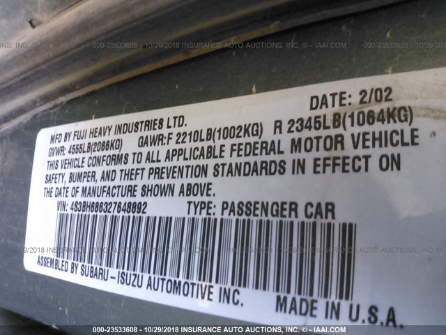 4S3BH686327648892 - 2002 SUBARU LEGACY OUTBACK LIMITED GREEN photo 9