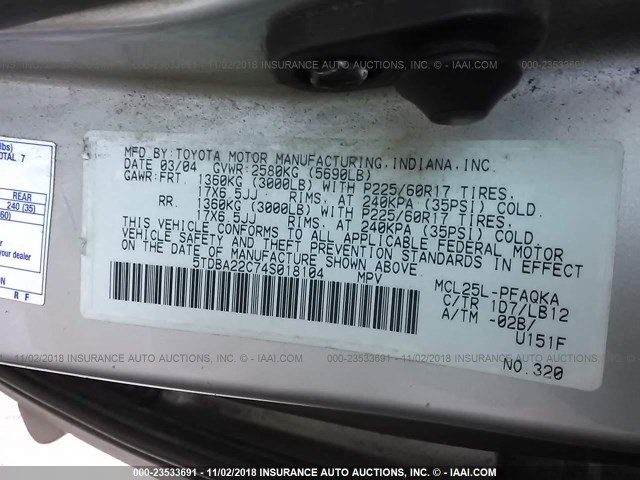 5TDBA22C74S018104 - 2004 TOYOTA SIENNA XLE/XLE LIMITED SILVER photo 9