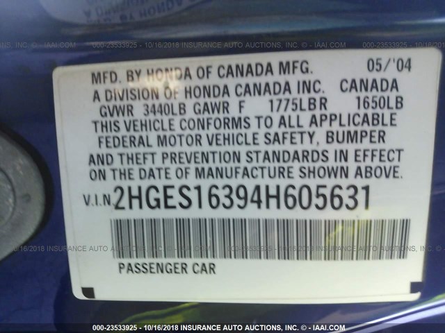 2HGES16394H605631 - 2004 HONDA CIVIC DX VP BLUE photo 9