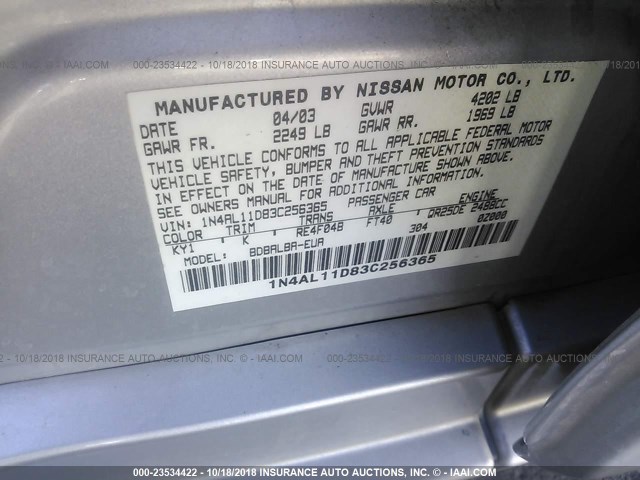 1N4AL11D83C256365 - 2003 NISSAN ALTIMA S/SL SILVER photo 9