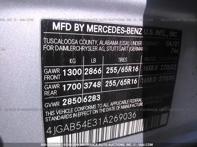 4JGAB54E31A269036 - 2001 MERCEDES-BENZ ML SILVER photo 9