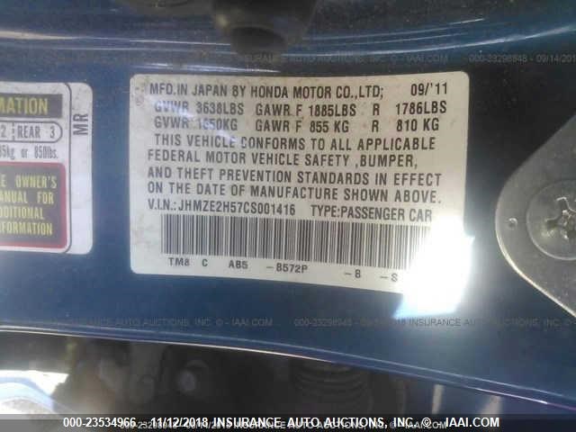 JHMZE2H57CS001416 - 2012 HONDA INSIGHT LX BLUE photo 9