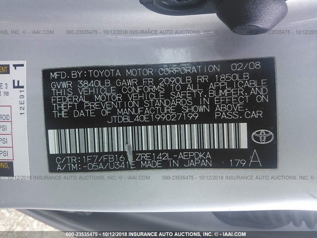 JTDBL40E199027199 - 2009 TOYOTA COROLLA LE/XLE GRAY photo 9