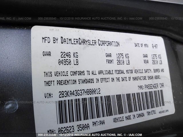 2B3KA43G37H880012 - 2007 DODGE CHARGER SE/SXT GRAY photo 9