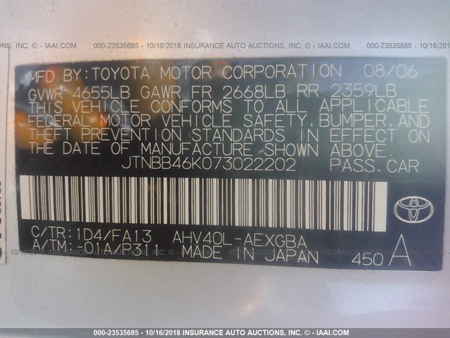 JTNBB46K073022202 - 2007 TOYOTA CAMRY NEW GENERAT HYBRID SILVER photo 9