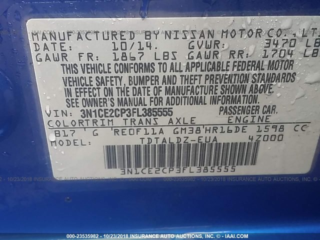 3N1CE2CP3FL385555 - 2015 NISSAN VERSA NOTE S/S PLUS/SV/SL/SR BLUE photo 9