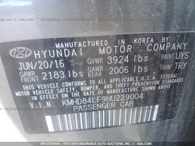 KMHD84LF9HU229004 - 2017 HYUNDAI ELANTRA SE/VALUE/LIMITED GRAY photo 9