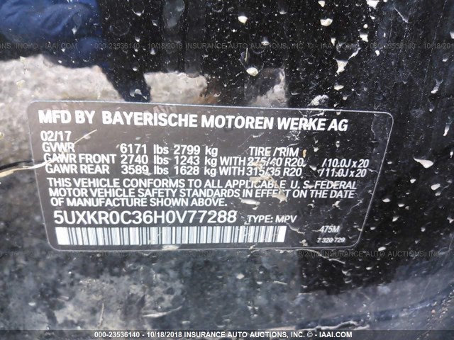 5UXKR0C36H0V77288 - 2017 BMW X5 XDRIVE35I BLACK photo 9
