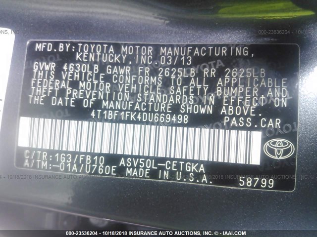 4T1BF1FK4DU669498 - 2013 TOYOTA CAMRY L/SE/LE/XLE Boz foto 9
