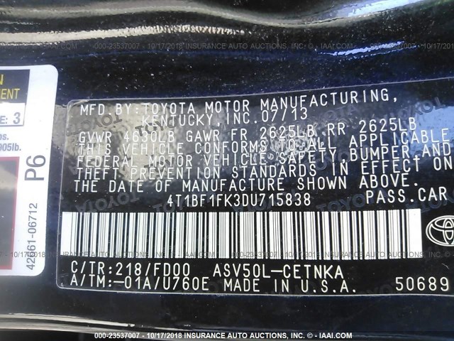 4T1BF1FK3DU715838 - 2013 TOYOTA CAMRY L/SE/LE/XLE შავი ფოტო 9