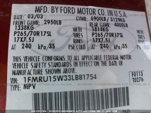 1FMRU15W33LB81754 - 2003 FORD EXPEDITION XLT RED photo 9