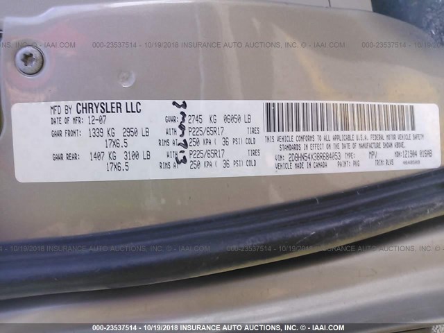 2D8HN54X38R684053 - 2008 DODGE GRAND CARAVAN SXT TAN photo 9