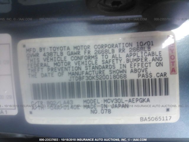 JTDBF30K520018068 - 2002 TOYOTA CAMRY LE/XLE/SE BLUE photo 9