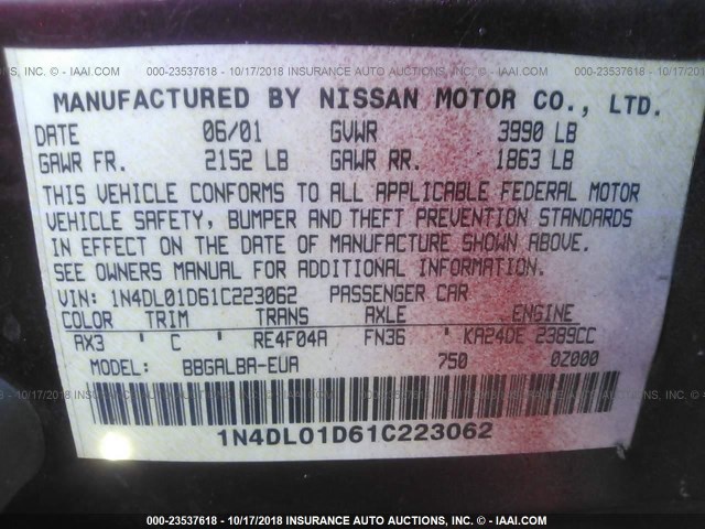 1N4DL01D61C223062 - 2001 NISSAN ALTIMA XE/GXE/SE RED photo 9