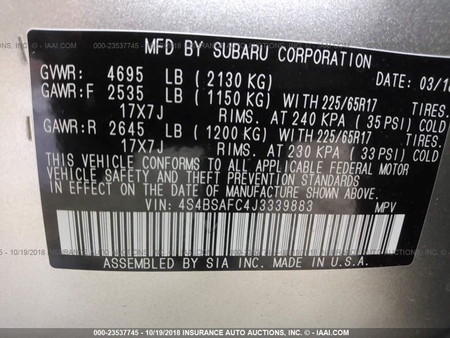 4S4BSAFC4J3339883 - 2018 SUBARU OUTBACK 2.5I PREMIUM TAN photo 9